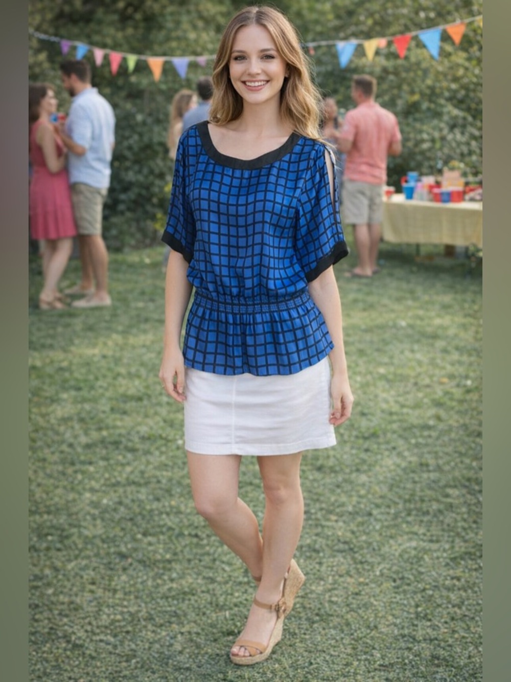 MICHAEL KORS Blue/Black Checkered Windowpane Cold Shoulder Peplum Blouse  $90